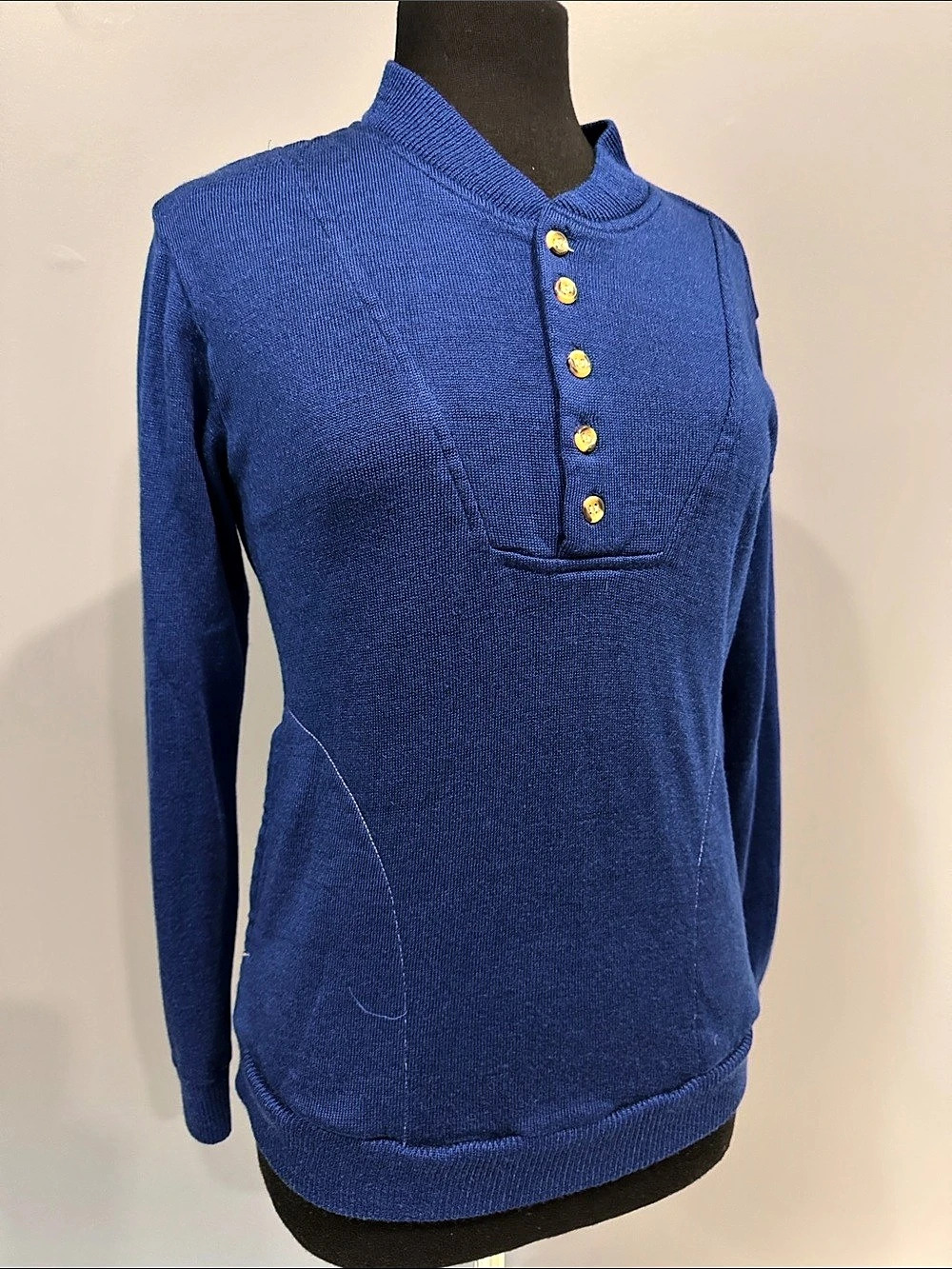 Stats Blue Knit Pullover Gold-Tone Buttons
